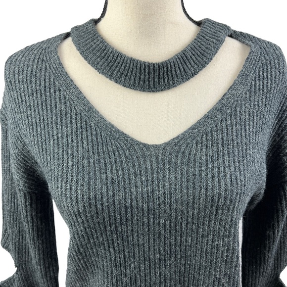 Charcoal Gray Choker Collar Sweater Open Elbows V-Neck Wool Blend Small - Picture 3 of 11